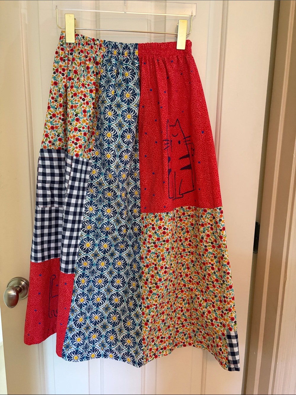 Cat Patchwork Midi Skirt - Red, Blue, Multicolor